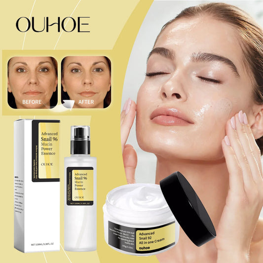 OUHOE skincare products with a woman applying cream and before-after comparison on a yellow background